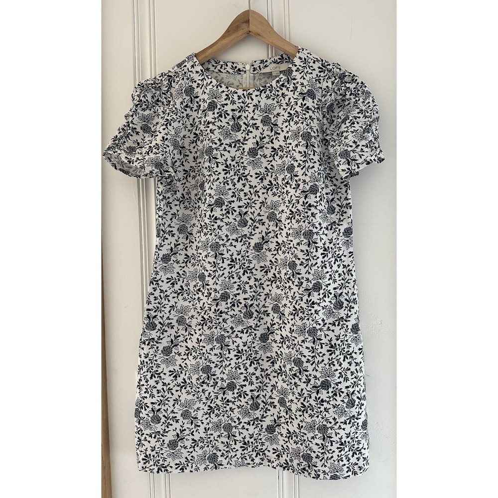 LOFT Linen Blend Black White Floral Puff Sleeve Shift Mini Dress Women's 4